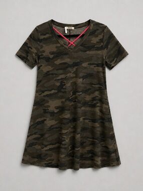 First Love Camo V-Neck Dress with Pink Strap Accent with pockets